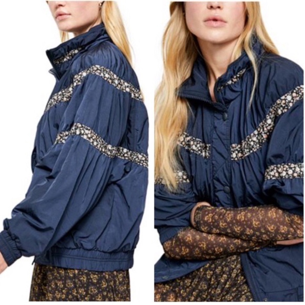 Free People On My Mind Bomber RETRO Jacket NAVY BLUE FLORAL NEW